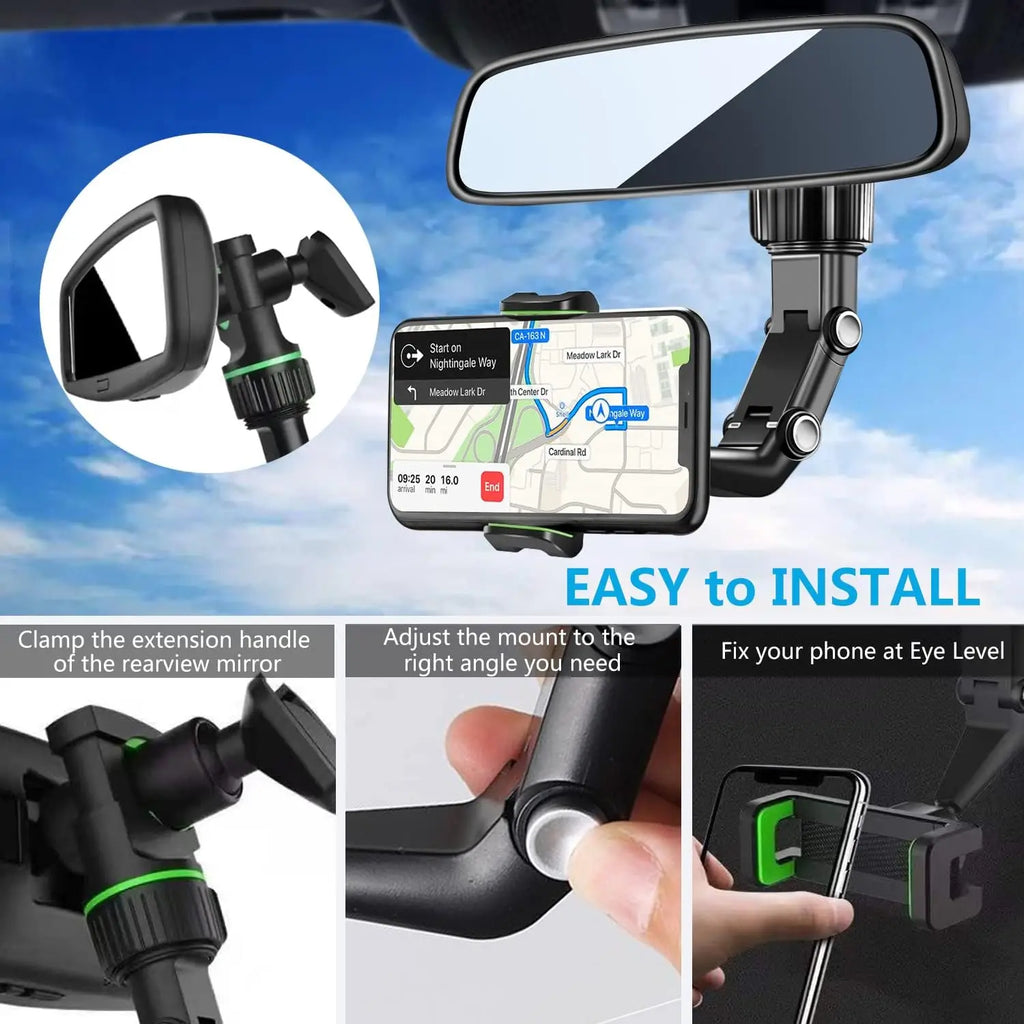 Rearview Mirror phone Holder 360° Rotatable and Retractable Car Phone Mount Multifunctional Rear View Mirror Holder for All Car
